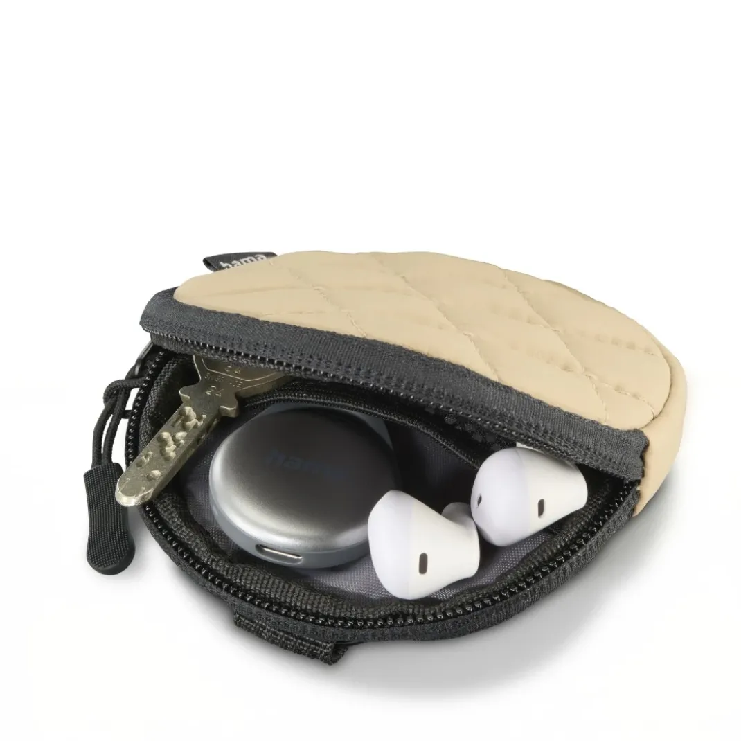 Kopfhörertasche für In-Ear und Zubehör, Karabiner, rund, Organizer, Beige