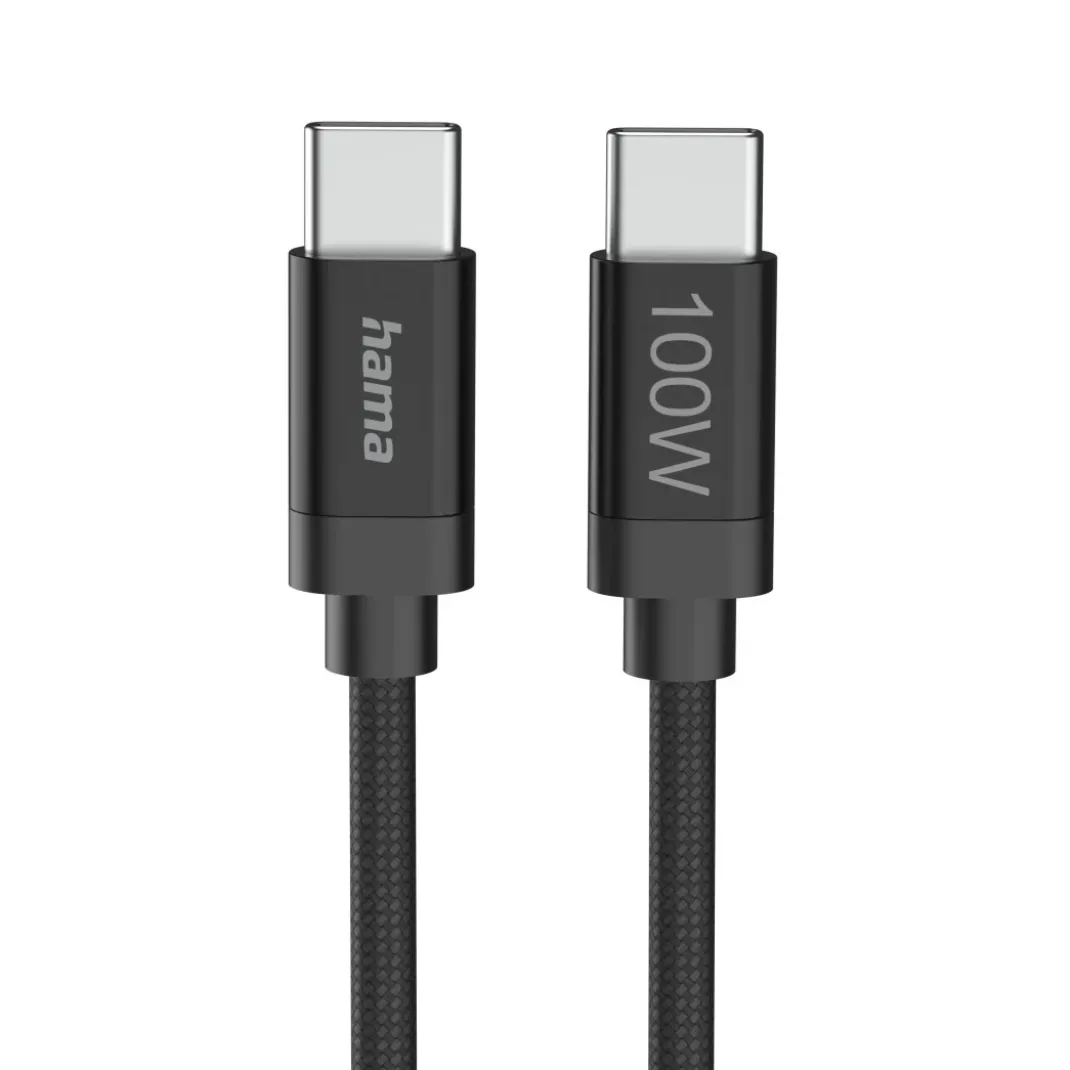 Ladekabel "Fabric", USB-C - USB-C, 100W, 3 m, Nylon, Schwarz