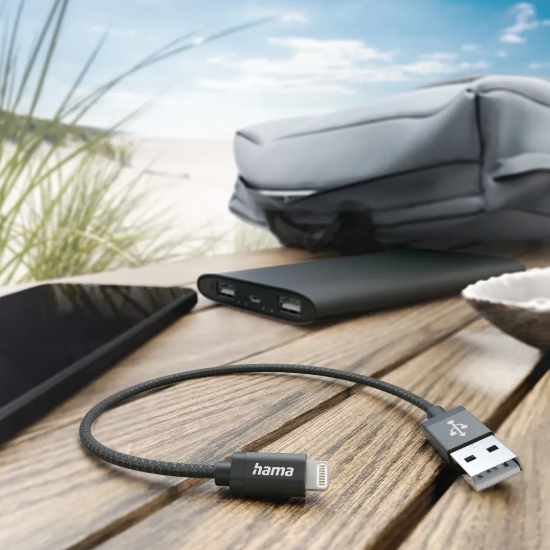 Ladekabel, USB-A - Lightning, 0,2 m, Nylon, Schwarz
