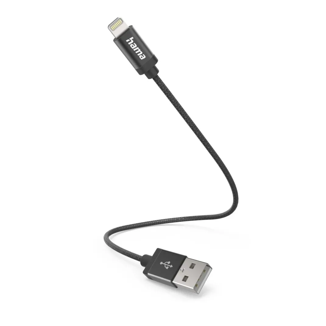Ladekabel, USB-A - Lightning, 0,2 m, Nylon, Schwarz