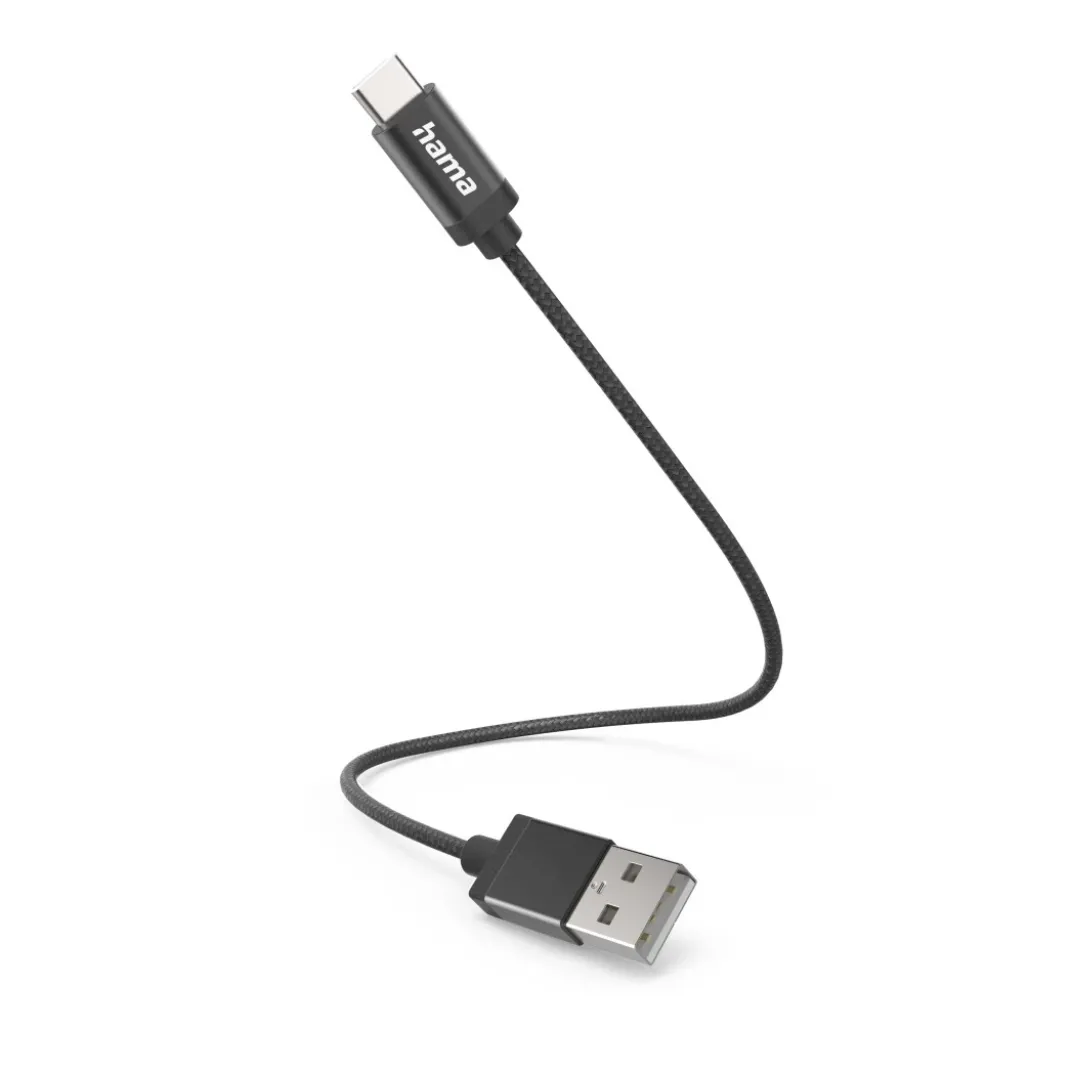 Ladekabel, USB-A - USB-C, 0,2 m, Nylon, Schwarz