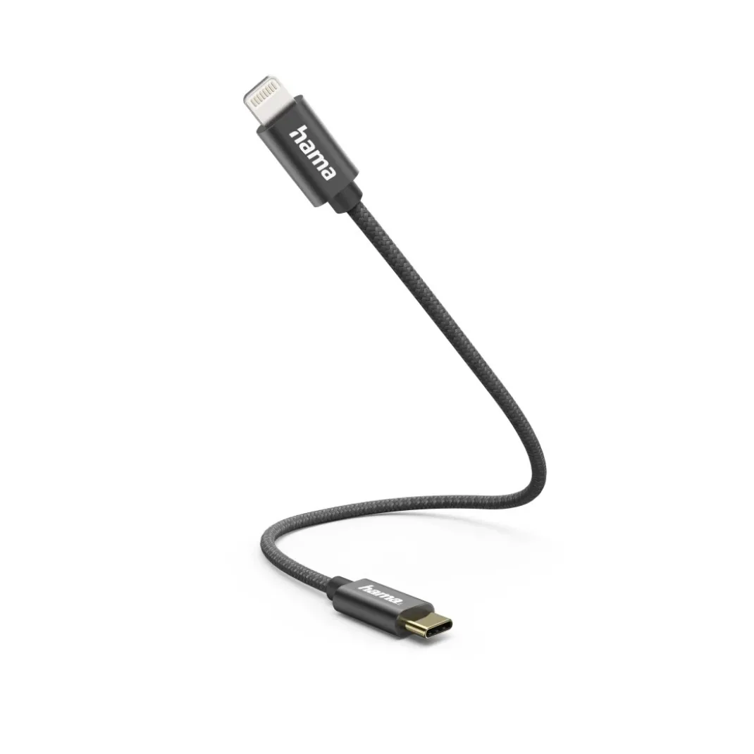 Ladekabel, USB-C - Lightning, 0,2 m, Nylon, Schwarz