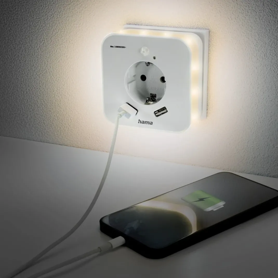 LED-Nachtlicht mit Steckdose, 2 USB-Ausgänge, Bewegungsmelder, Lichtsensor
