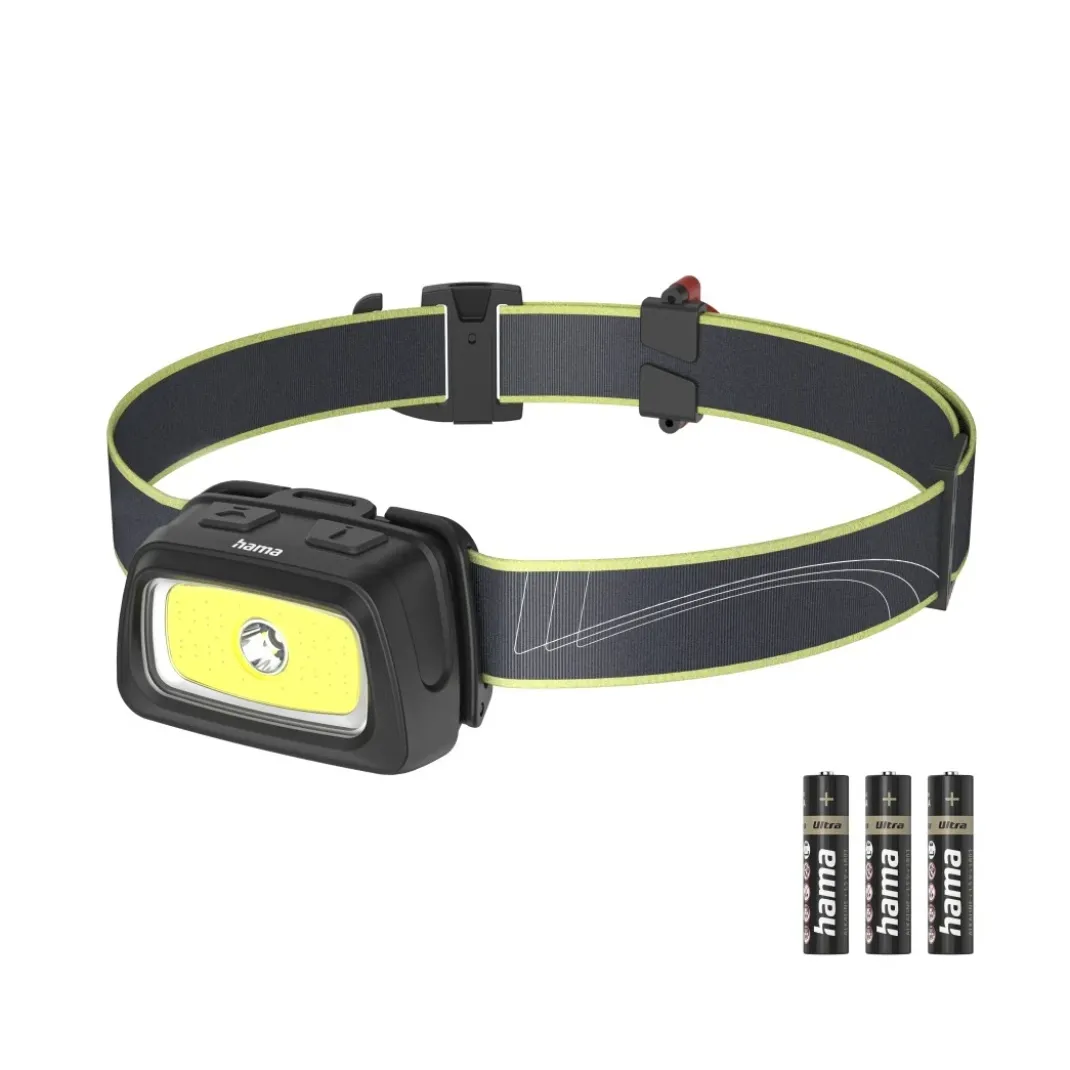 LED-Stirnlampe "HL350", Batterien, COB, Kopflampe, Warnlicht, Pfeife,7 Modi