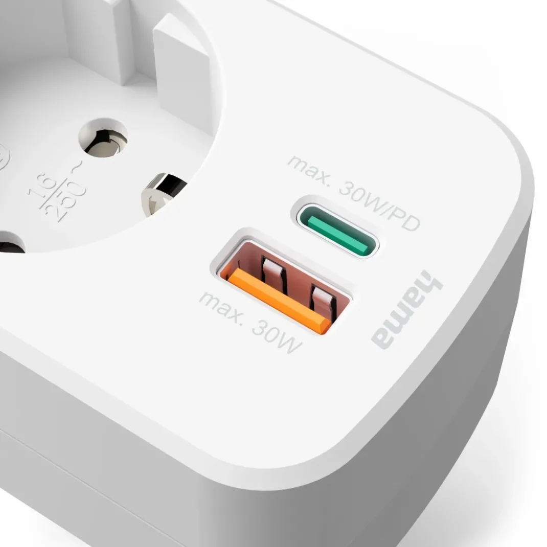Mehrfachstecker 3er f. Steckdose, 1 USB-C PD, 1 USB-A, 1 Schutzkontakt, 30W