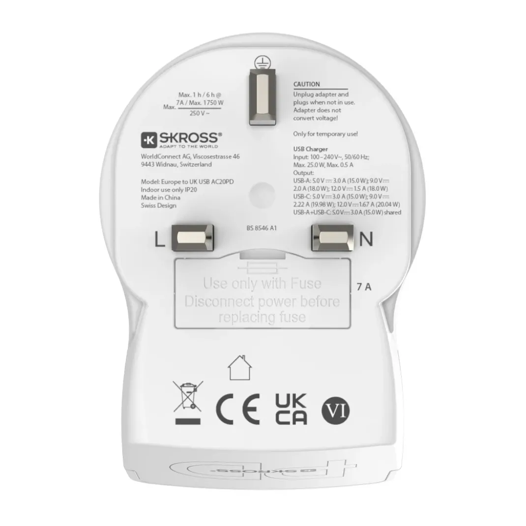 Reiseadapter, "EU to UK", 1x USB-A, 1x USB-C (PD), 20 W