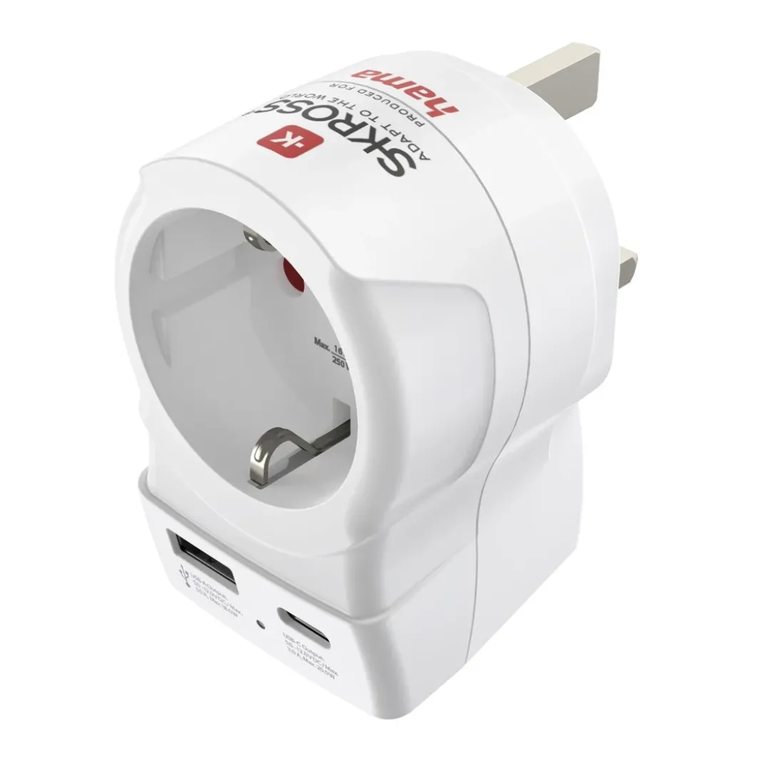 Reiseadapter, "EU to UK", 1x USB-A, 1x USB-C (PD), 20 W