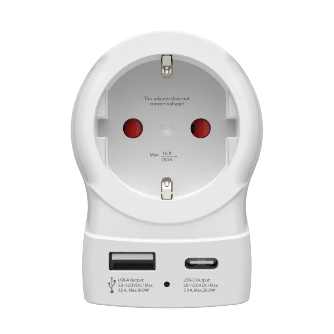 Reiseadapter, "EU to US", 1x USB-A, 1x USB-C (PD), 20 W