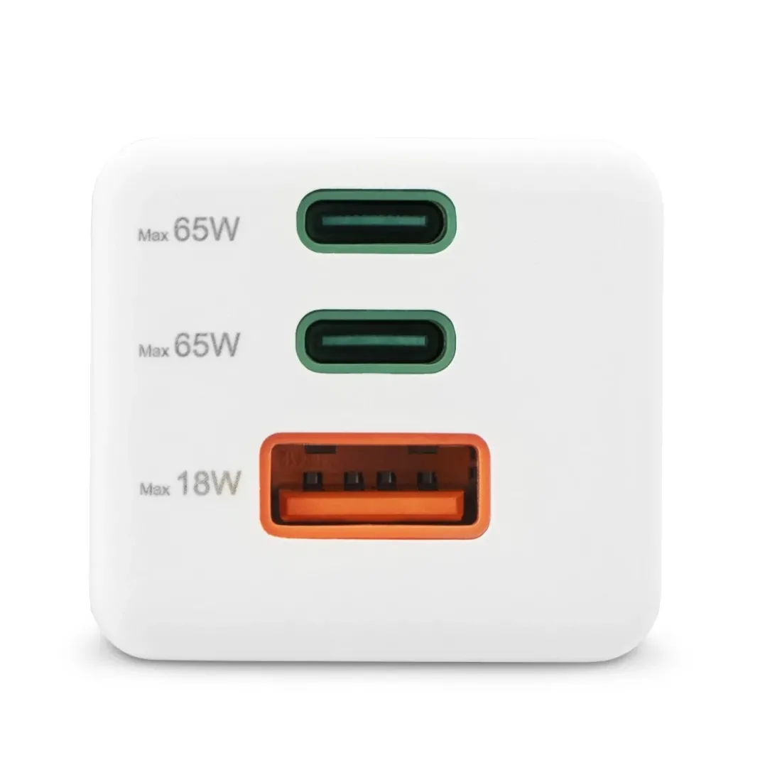 Schnellladegerät, GaN, 2x USB-C, 1x USB-A, Mini-Ladegerät, PD, 65 W, Weiß