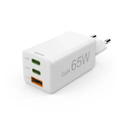 Schnellladegerät, GaN, 2x USB-C, 1x USB-A, Mini-Ladegerät, PD, 65 W, Weiß