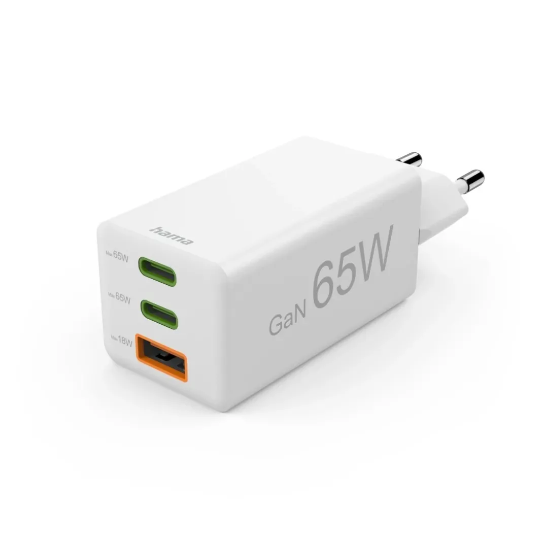 Schnellladegerät, GaN, 2x USB-C, 1x USB-A, Mini-Ladegerät, PD, 65 W, Weiß