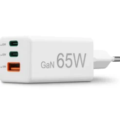 Schnellladegerät, GaN, 2x USB-C, 1x USB-A, Mini-Ladegerät, PD, 65 W, Weiß