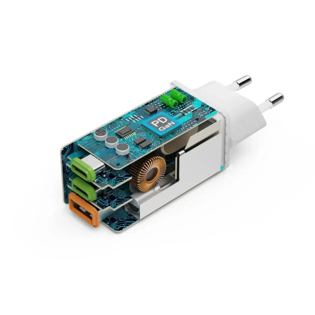 Schnellladegerät, GaN, 2x USB-C, 1x USB-A, Mini-Ladegerät, PD, 65 W, Weiß