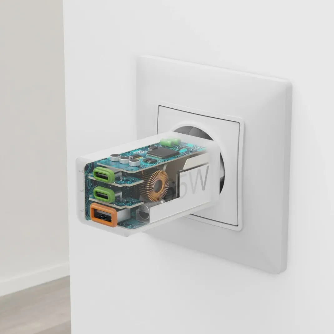 Schnellladegerät, GaN, 2x USB-C, 1x USB-A, Mini-Ladegerät, PD, 65 W, Weiß