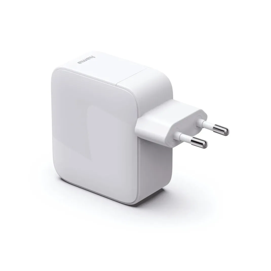 Schnellladegerät, GaN, 2x USB-C, ausziehbares Ladekabel, PD, 65 W, Weiß