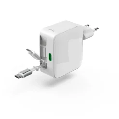 Schnellladegerät, GaN, 2x USB-C, ausziehbares Ladekabel, PD, 30 W, Weiß