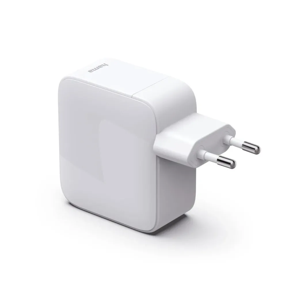 Schnellladegerät, GaN, 2x USB-C, ausziehbares Ladekabel, PD, 30 W, Weiß