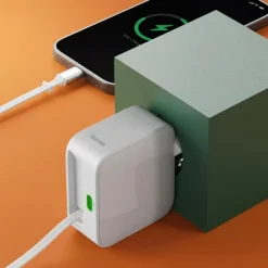 Schnellladegerät, GaN, 2x USB-C, ausziehbares Ladekabel, PD, 30 W, Weiß