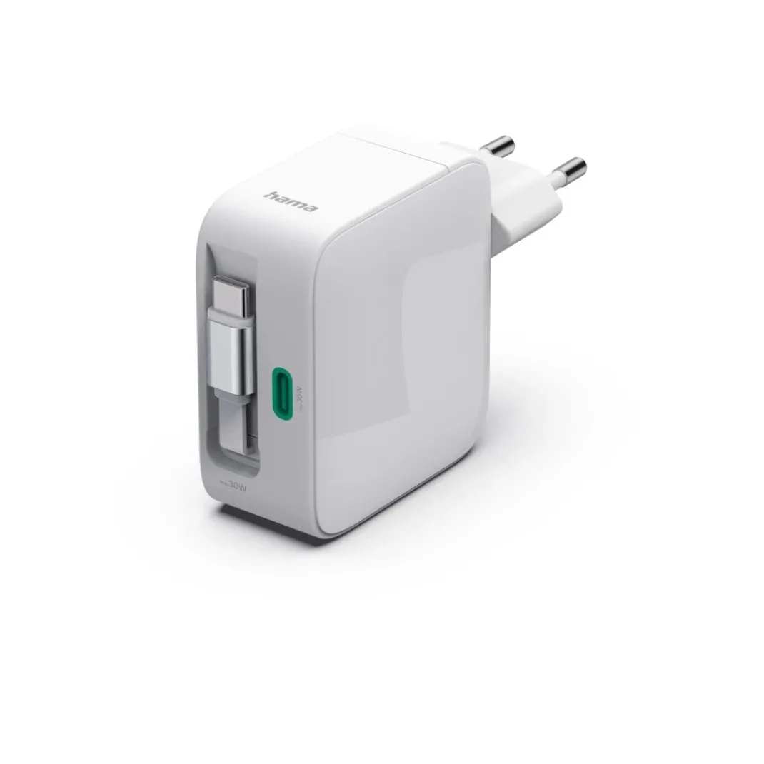 Schnellladegerät, GaN, 2x USB-C, ausziehbares Ladekabel, PD, 30 W, Weiß