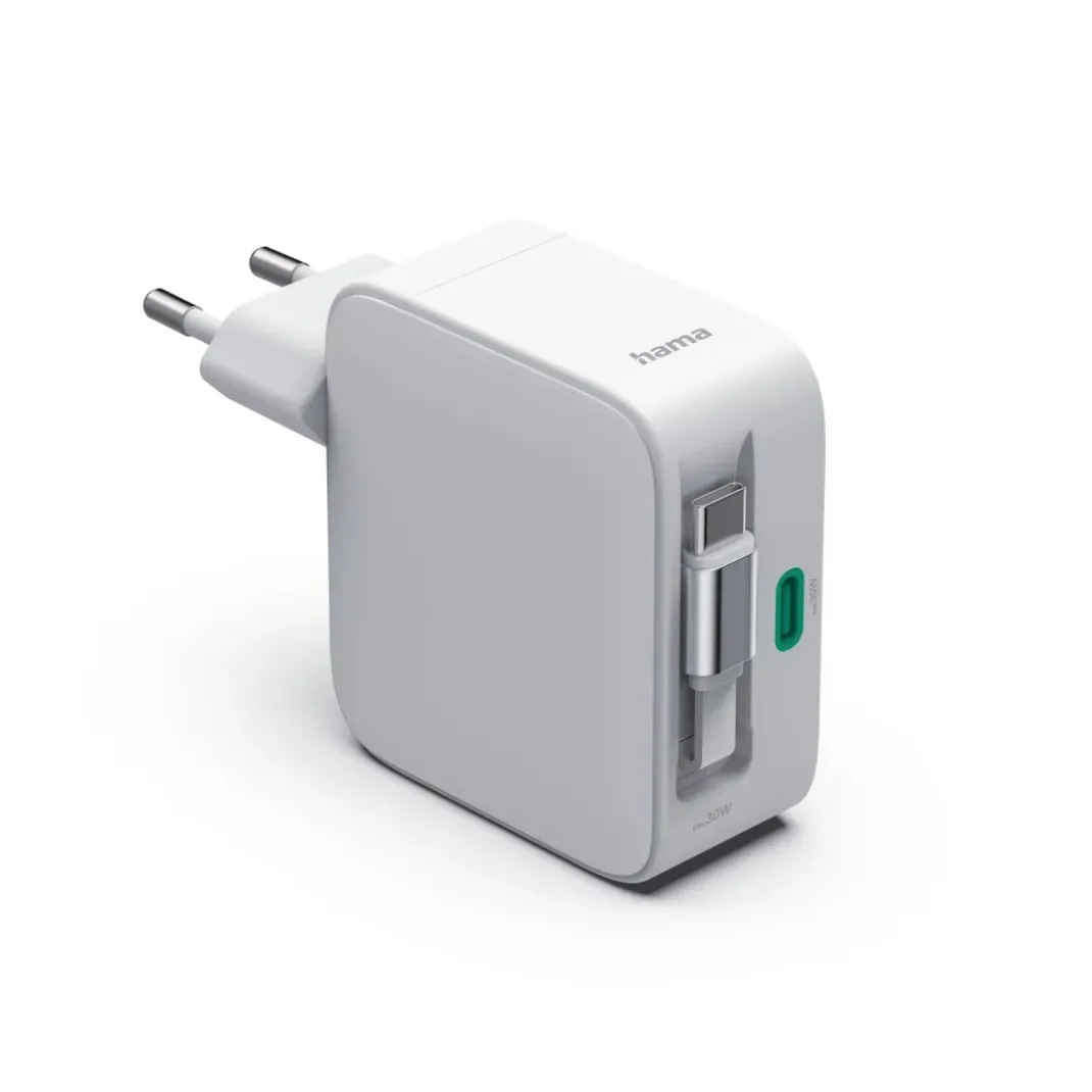 Schnellladegerät, GaN, 2x USB-C, ausziehbares Ladekabel, PD, 30 W, Weiß