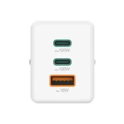 Schnellladegerät, GaN, 2x USB-C, 1x USB-A, Mini-Ladegerät, PD, 100 W, Weiß