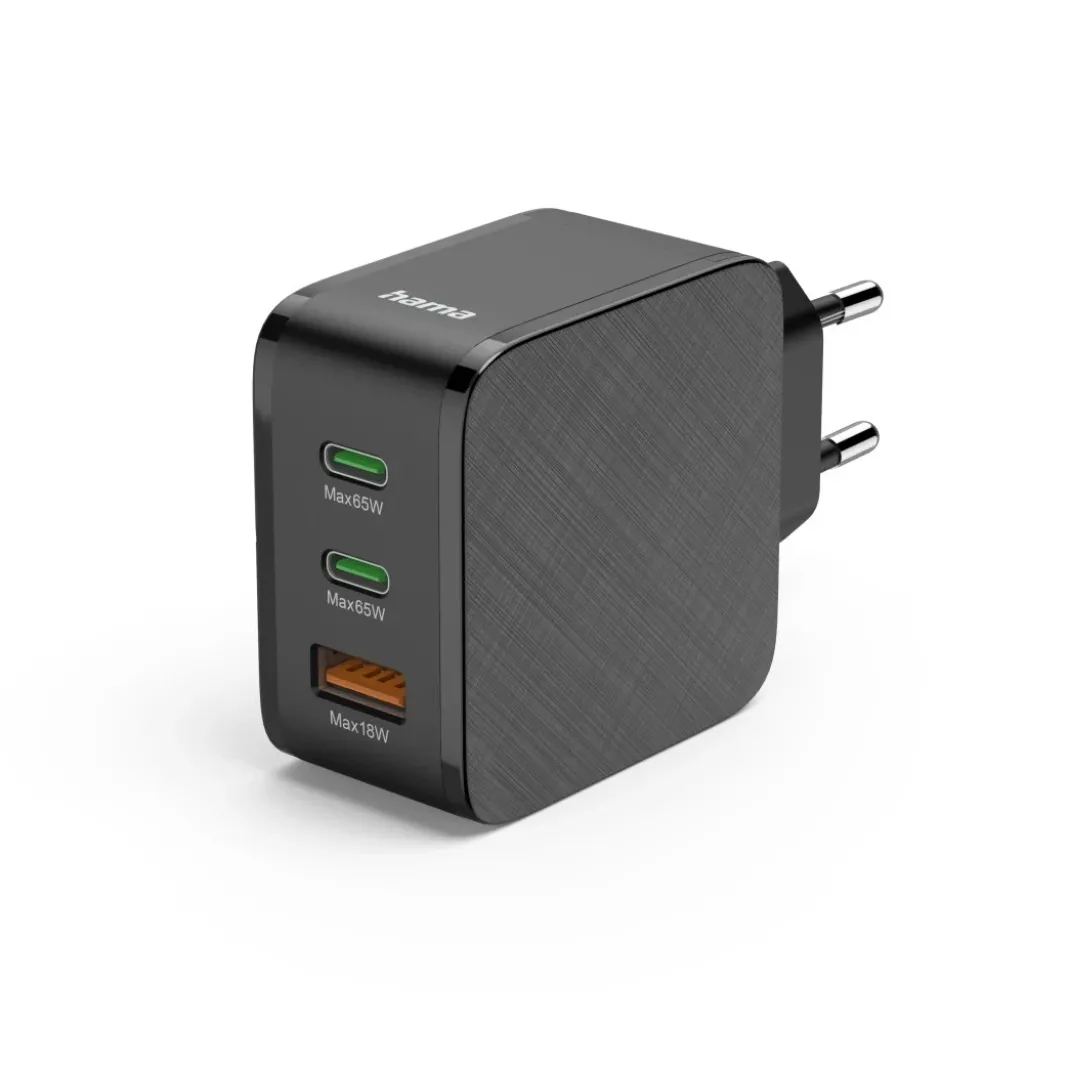 Schnellladegerät, 2x USB-C PD, 1x USB-A QC, 65 W, Schwarz