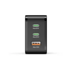 Schnellladegerät, 2x USB-C PD, 1x USB-A QC, 65 W, Schwarz
