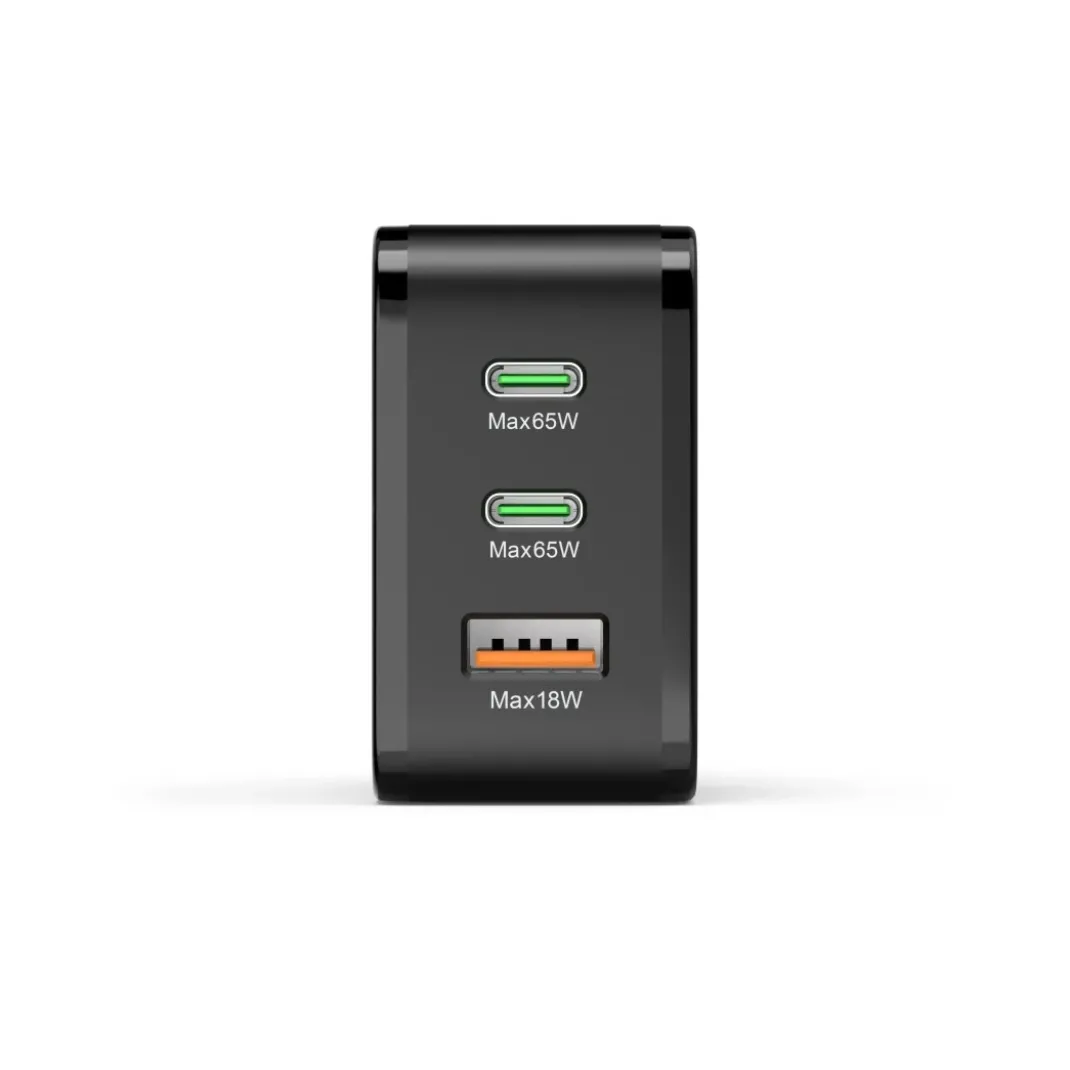 Schnellladegerät, 2x USB-C PD, 1x USB-A QC, 65 W, Schwarz