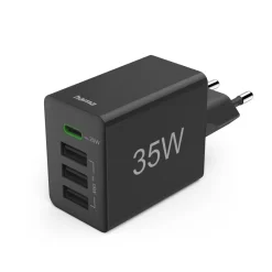 Schnellladegerät, 1x USB-C PD, 3x USB-A, Mini-Ladegerät, 35W, Schwarz