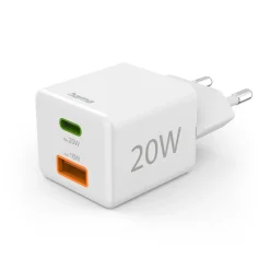 Schnellladegerät, 1x USB-C, 1x USB-A, Mini-Ladegerät, PD, 20 W, Weiß