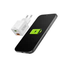 Schnellladegerät, 1x USB-C, 1x USB-A, Mini-Ladegerät, PD, 30 W, Weiß