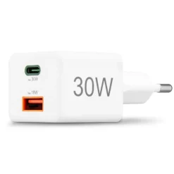 Schnellladegerät, 1x USB-C, 1x USB-A, Mini-Ladegerät, PD, 30 W, Weiß