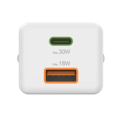 Schnellladegerät, 1x USB-C, 1x USB-A, Mini-Ladegerät, PD, 30 W, Weiß