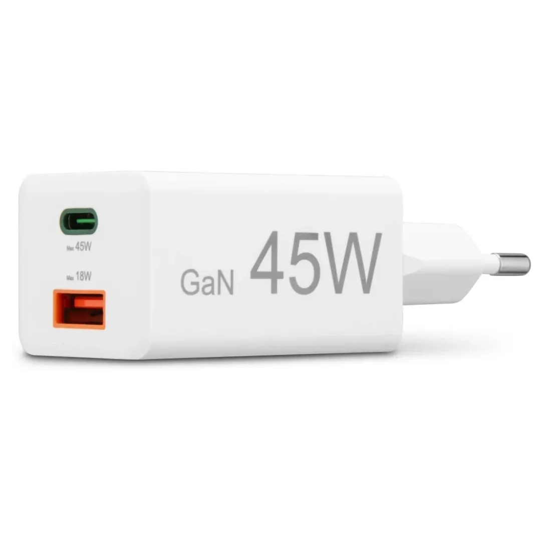 Schnellladegerät, 1x USB-C, 1x USB-A, Mini-Ladegerät, PD, 45 W, Weiß