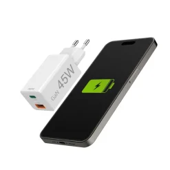 Schnellladegerät, 1x USB-C, 1x USB-A, Mini-Ladegerät, PD, 45 W, Weiß