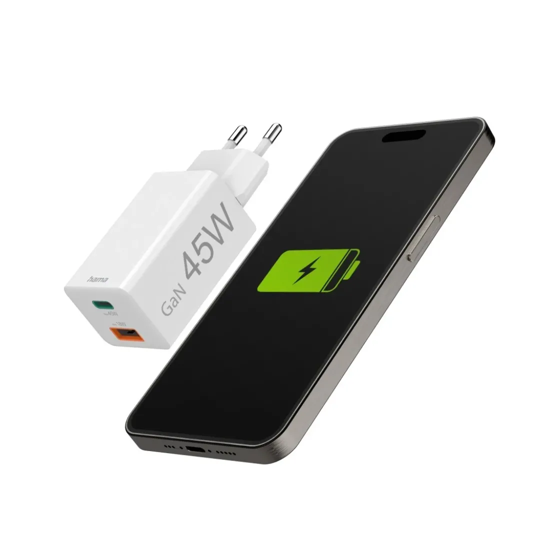 Schnellladegerät, 1x USB-C, 1x USB-A, Mini-Ladegerät, PD, 45 W, Weiß