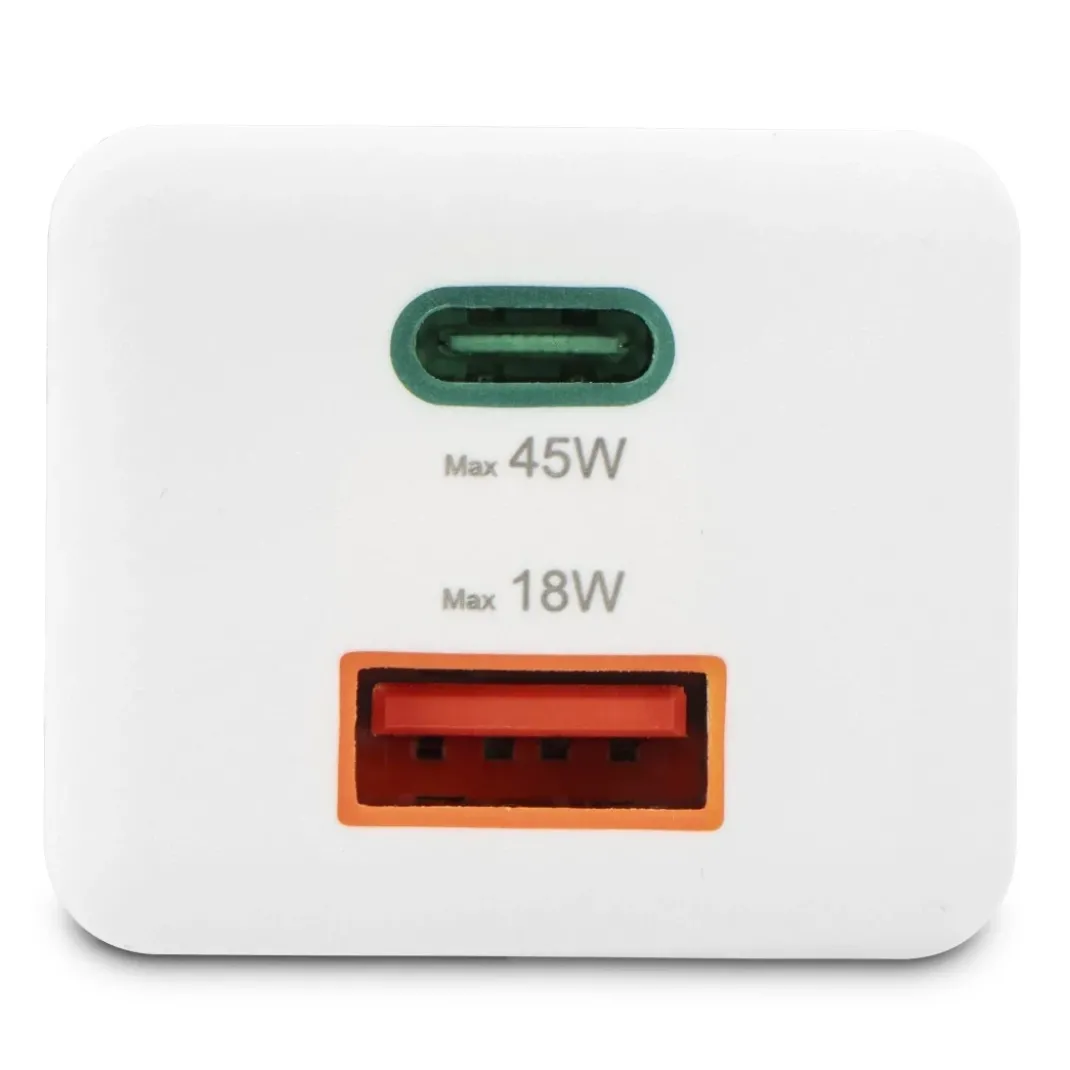 Schnellladegerät, 1x USB-C, 1x USB-A, Mini-Ladegerät, PD, 45 W, Weiß
