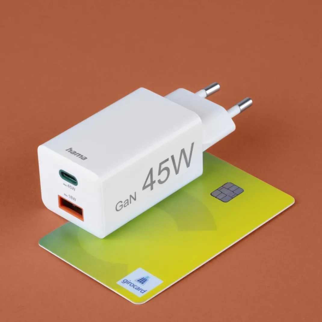 Schnellladegerät, 1x USB-C, 1x USB-A, Mini-Ladegerät, PD, 45 W, Weiß