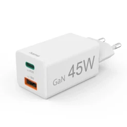 Schnellladegerät, 1x USB-C, 1x USB-A, Mini-Ladegerät, PD, 45 W, Weiß