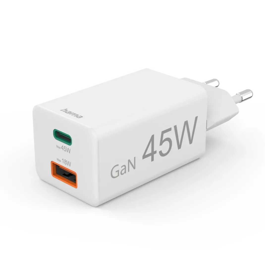 Schnellladegerät, 1x USB-C, 1x USB-A, Mini-Ladegerät, PD, 45 W, Weiß