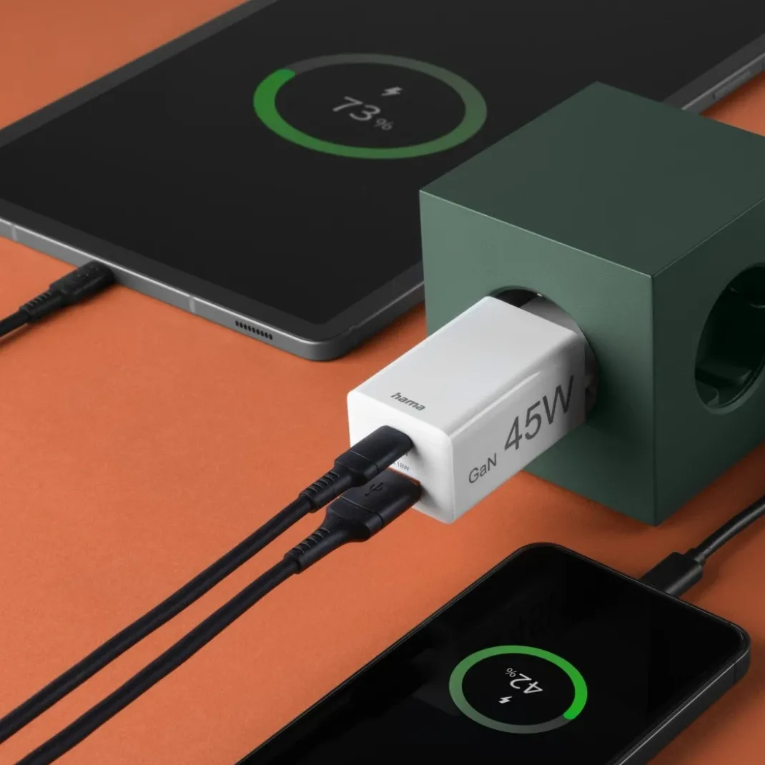 Schnellladegerät, 1x USB-C, 1x USB-A, Mini-Ladegerät, PD, 45 W, Weiß