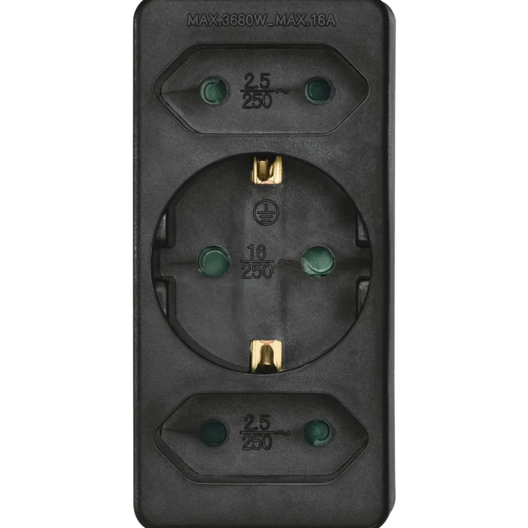 Steckdosenadapter 3-fach, 1x Schutzkontakt, 2x Euro, Schwarz