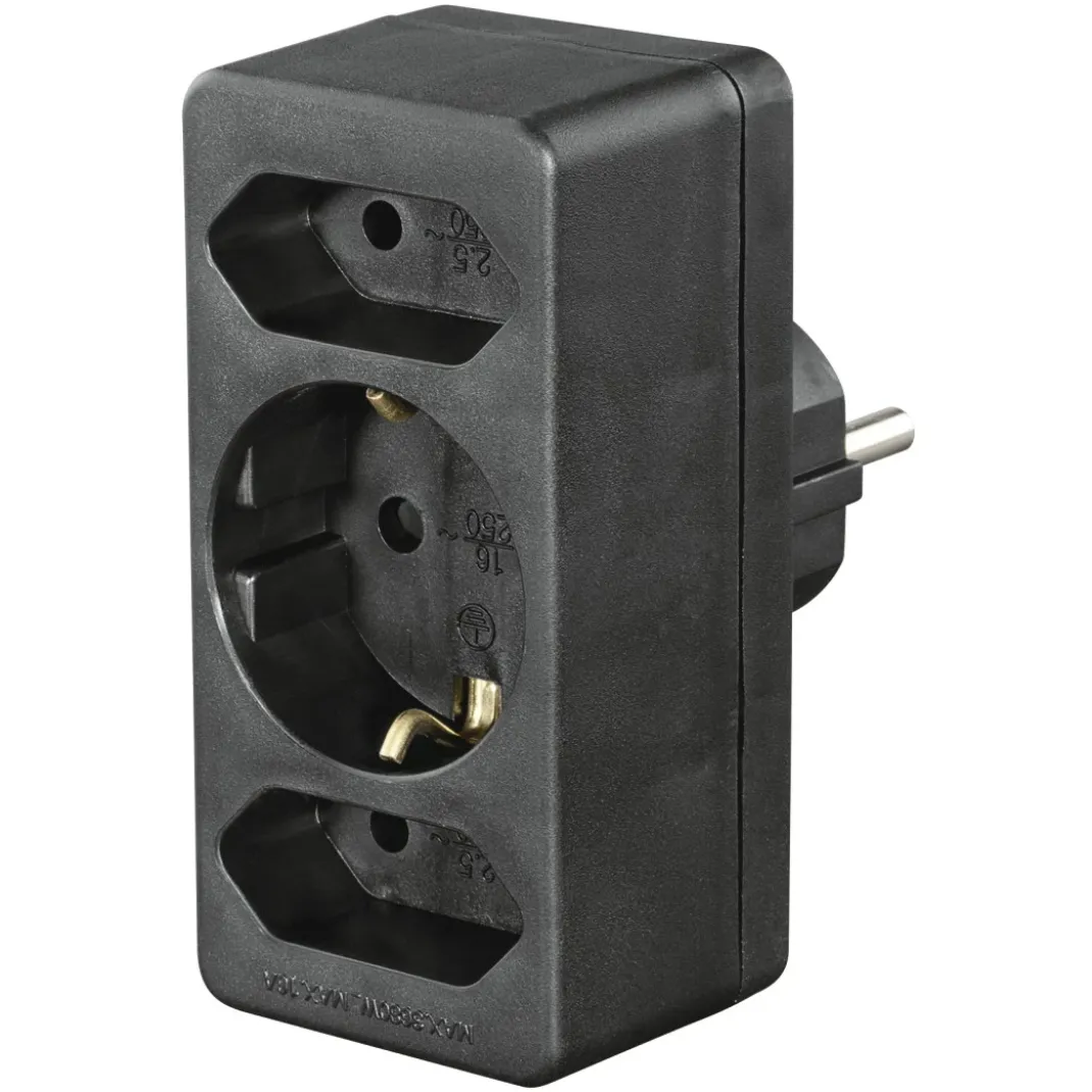 Steckdosenadapter 3-fach, 1x Schutzkontakt, 2x Euro, Schwarz