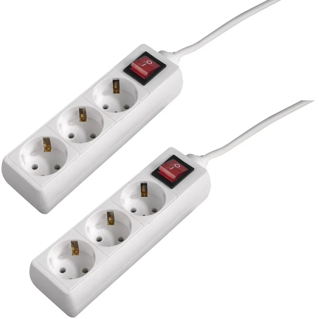 Steckdosenleiste 3-fach mit Schalter, 1,4 m, Weiß, 2er-Set