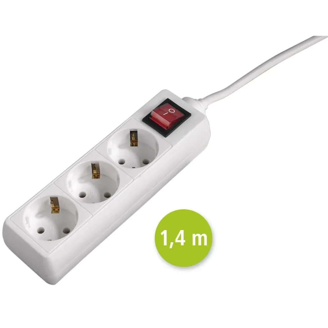 Steckdosenleiste 3-fach mit Schalter, 1,4 m, Weiß