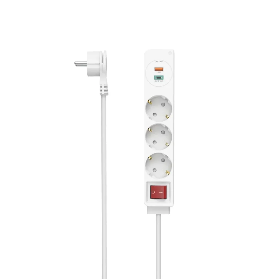 Steckdosenleiste, 3-fach, USB-C/A 18W, PD/FC, Schalter, Flachst., 1,4 m, W