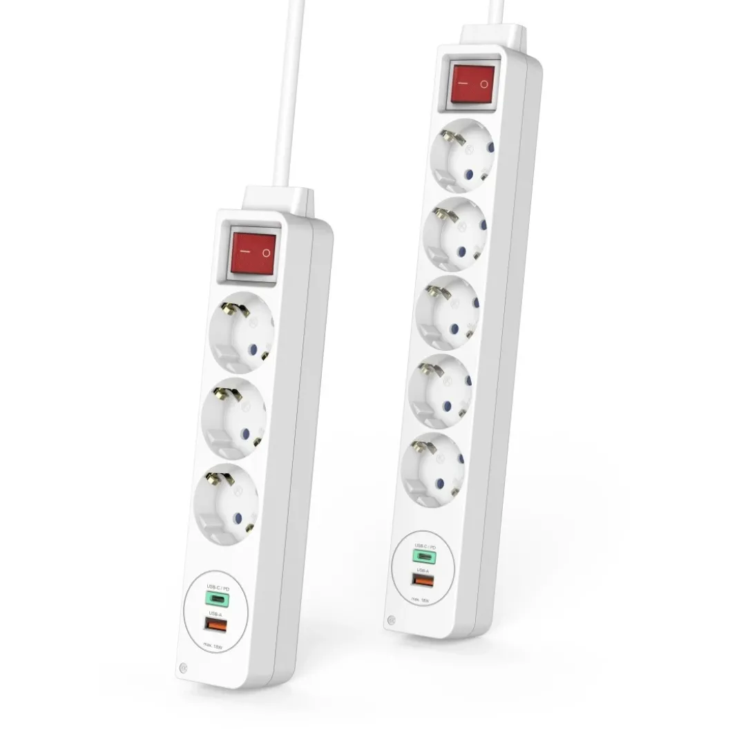 Steckdosenleiste, 3-fach, USB-C/A 18W, PD/FC, Schalter, Flachst., 1,4 m, W
