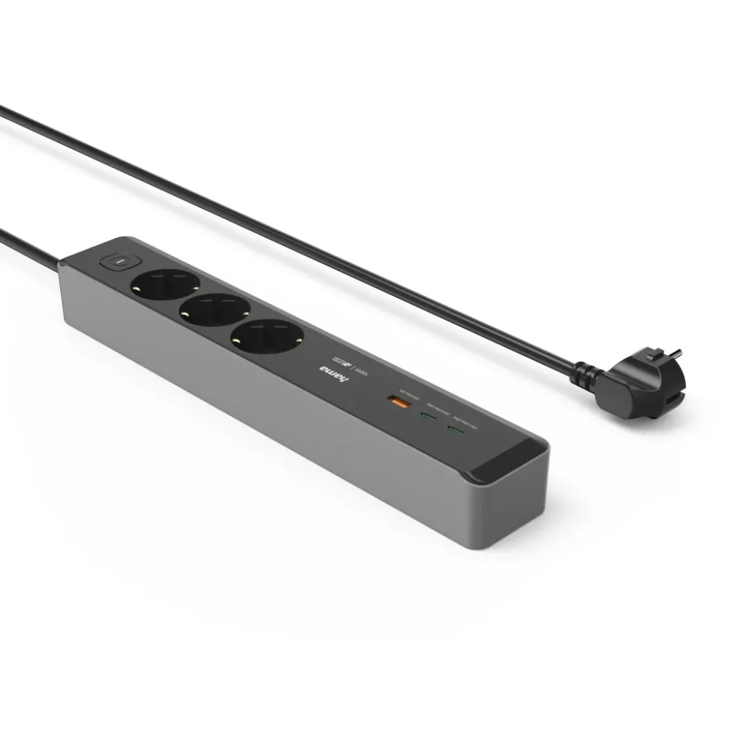 Steckdosenleiste, 3-fach, USB-C/A 100W, PD, Schalter, 1,4 m, Schwarz/Grau