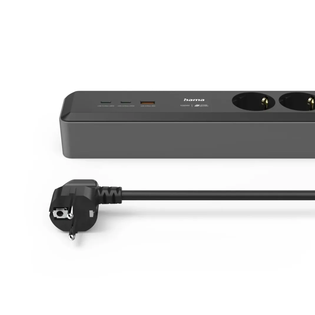 Steckdosenleiste, 3-fach, USB-C/A 100W, PD, Schalter, 1,4 m, Schwarz/Grau