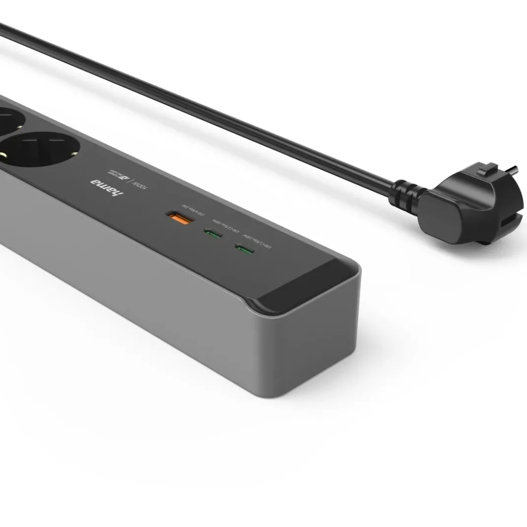 Steckdosenleiste, 3-fach, USB-C/A 100W, PD, Schalter, 1,4 m, Schwarz/Grau